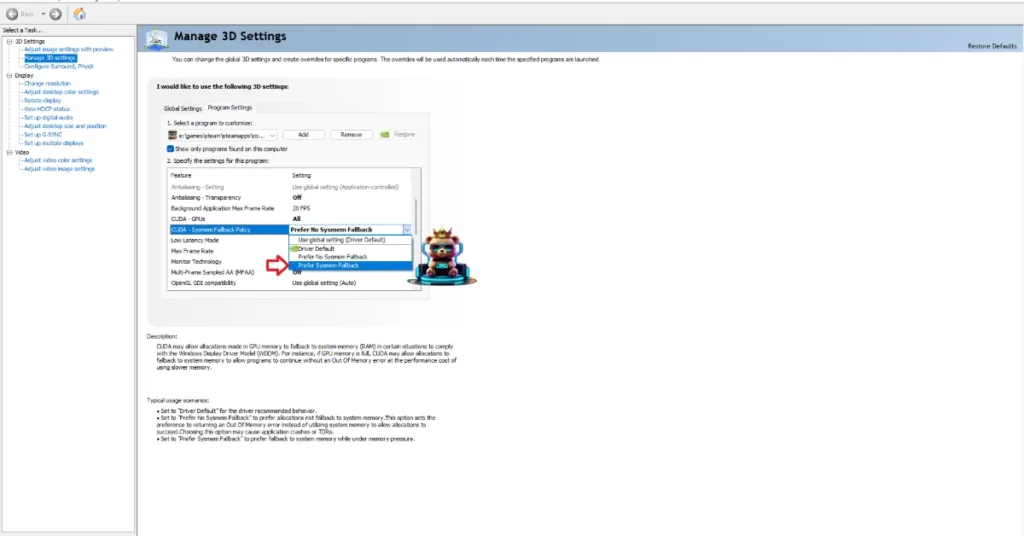 How to enable sysmem fallback policy to fix the "out of video memory" error on PC.