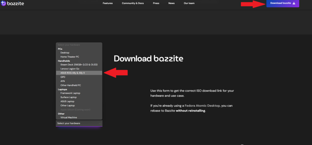 download bazzite on Asus ROG Ally