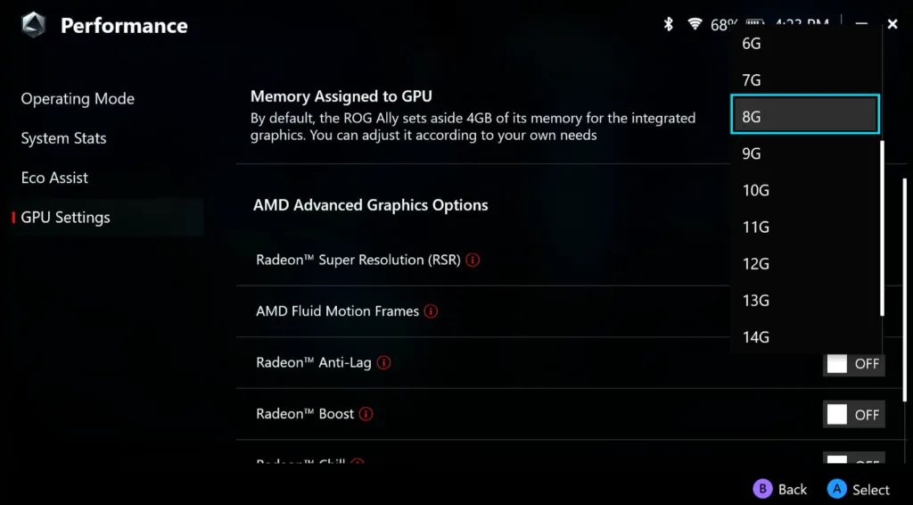 increase ROG Ally VRAM for BO6