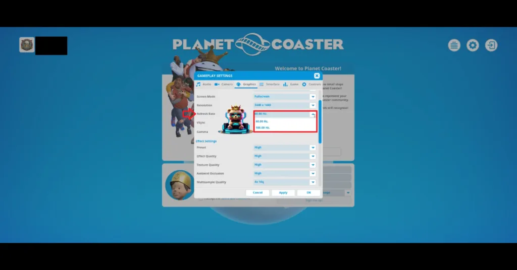 How to change the refresh rate in Planet Coaster 2.