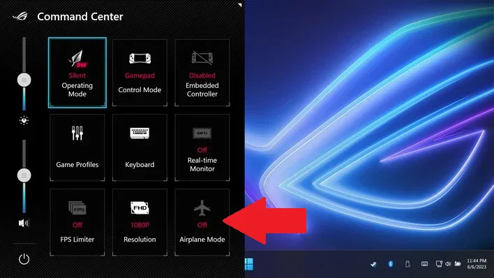 how to turn on aeroplane mode on rog ally and ally x