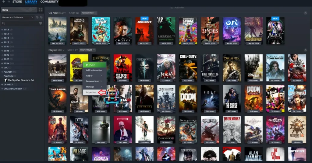 How to open game properties in Steam?