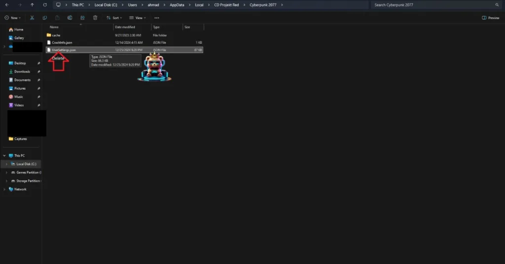 How to delete the "UserSettings.json" file to fix the Cyberpunk 2077 has flatlined crash on PC?