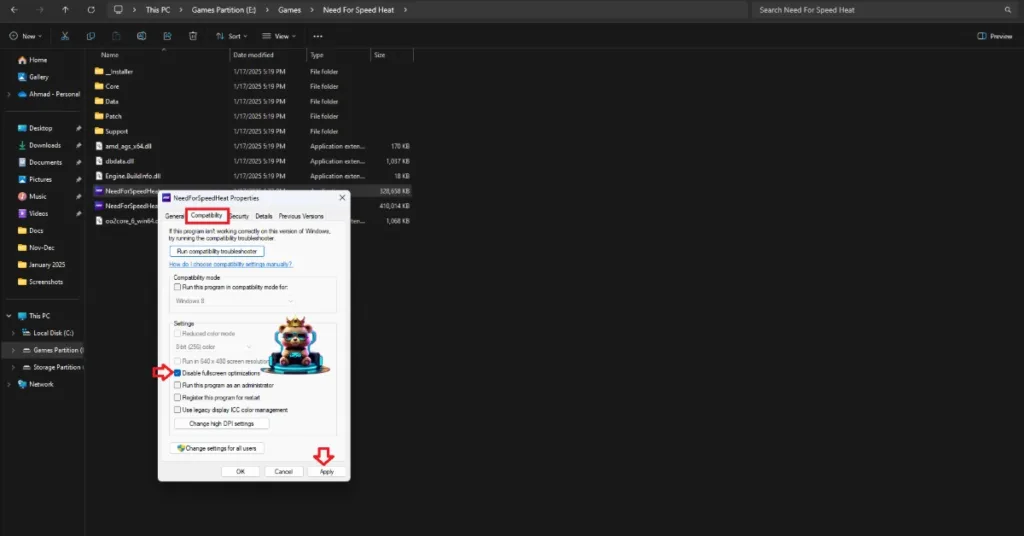 How to disable Fullscreen optimizations for Need for Speed Heat on Windows PC?