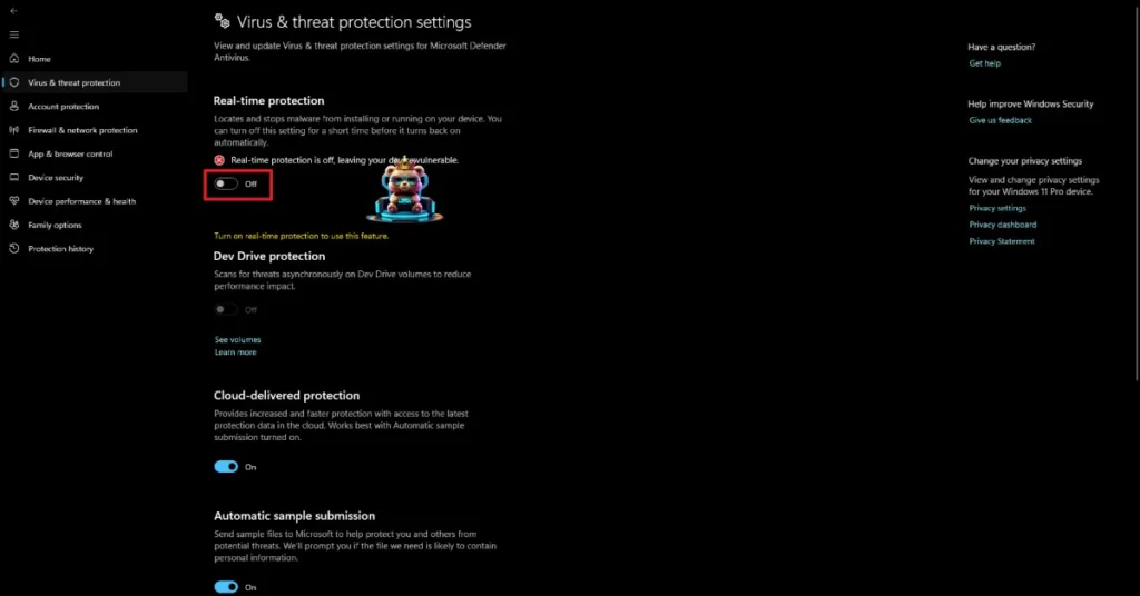How to disable Windows Security's real-time protection?