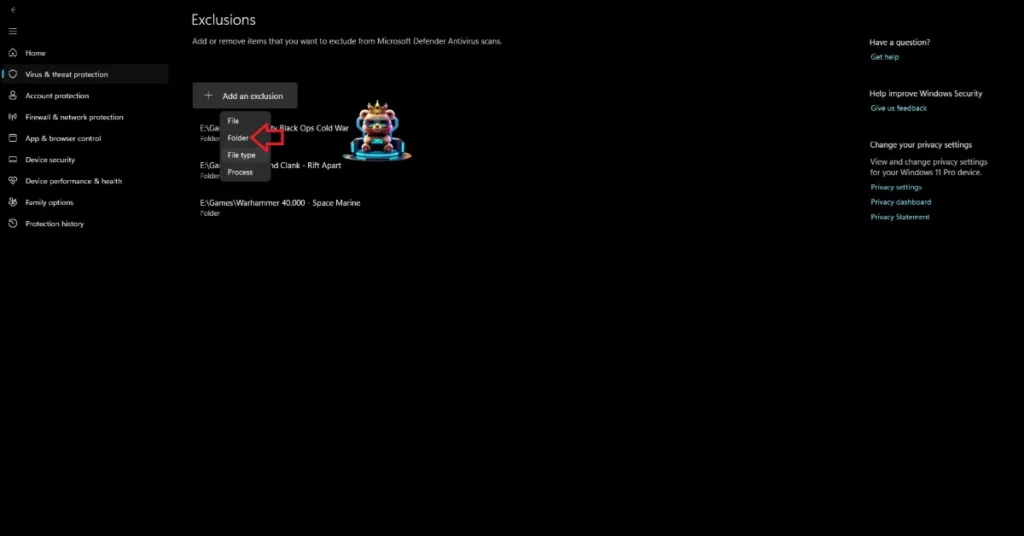 How to exclude game or its folder from Windows Security scan?