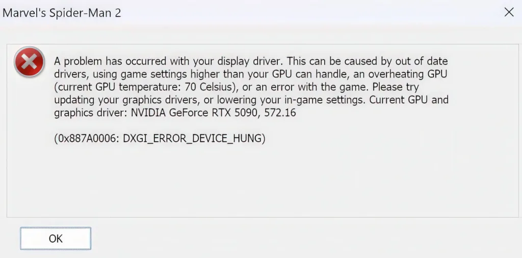 How do I fix the Marvel s Spiderman 2 "0x887A0006: DXGI DEVICE HUNG" error on PC?