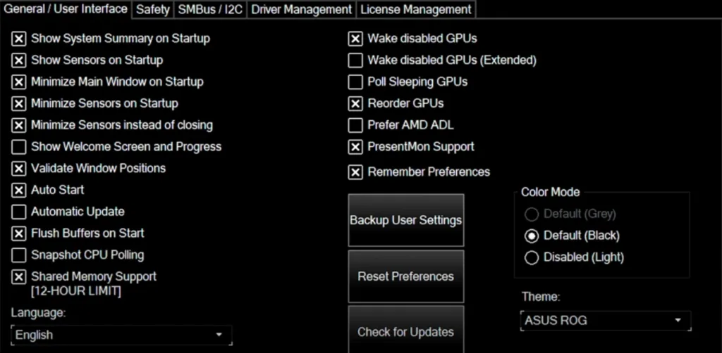 HWINFO64 recommended settings for Asus ROG Ally and Ally X