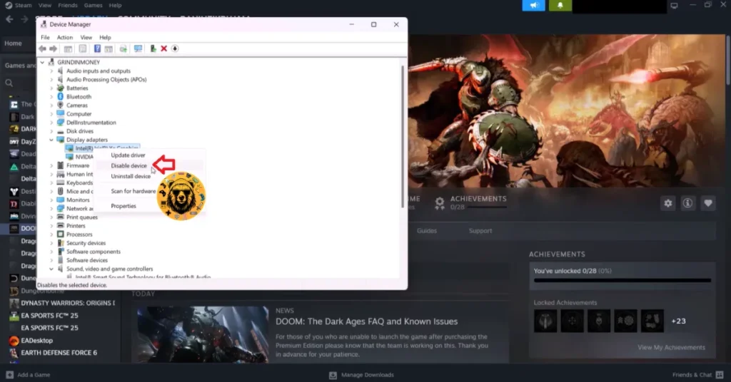 How to disable the integrated GPU to fix DOOM The Dark Ages BUGSPLAT error?