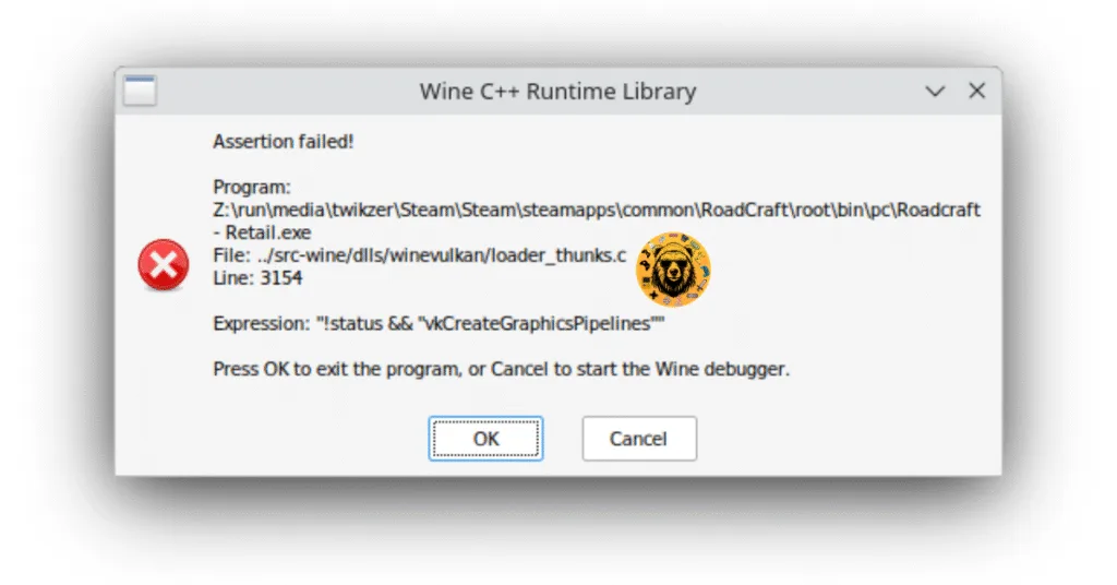 How to fix RoadCraft's Wine C++ runtime library assertion failed error?