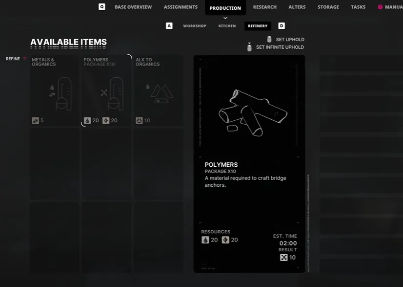 Polymers crafting recipe in The Alters