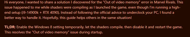 Verified fix for the Marvel Rivals out of video memory crash.