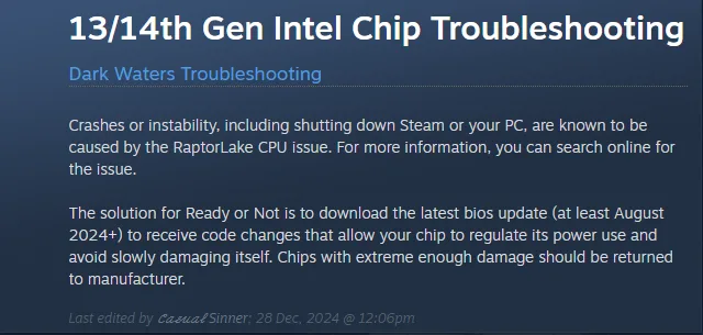 Update BIOS to fix Ready or Not LowLevelFatalError startup crash on PC.