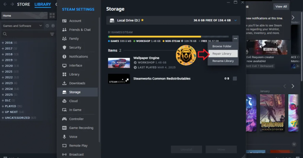 How to repair Steam Library to fix the Death Stranding Access Violation (C0000005h) crash?