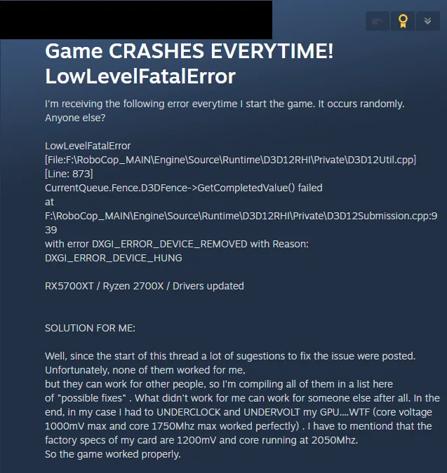 How to fix the RoboCop Rogue City LowLevelFatalError DXGI Device Hung error?
