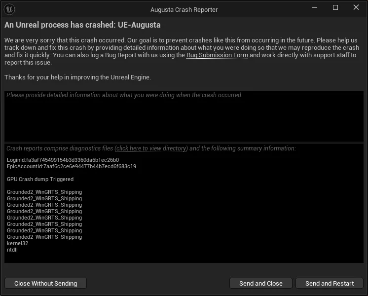 Grounded 2 UE-Augusta GPU Crash Dump Triggered fix for PC.