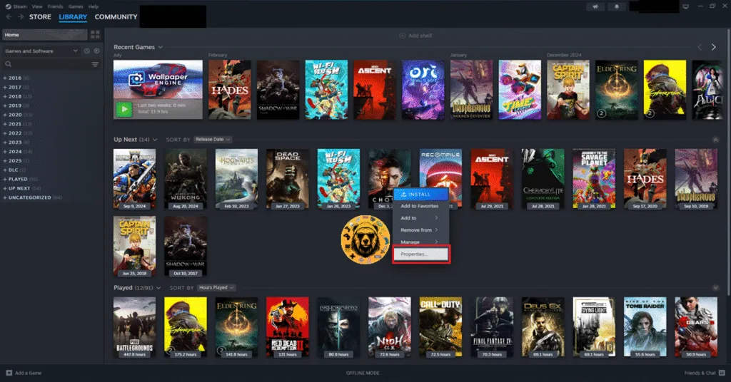 How to open game Propeties in Steam to skip intro videos in Gears of War: Reloaded?