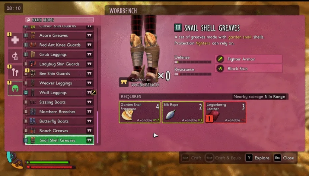 snail shell greaves crafting recipe in Grounded 2