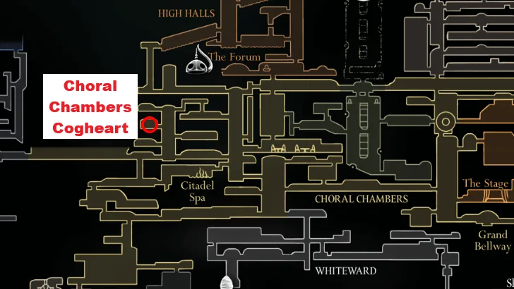 Choral Chambers Cogheart piece location in Hollow Knight Silkheart