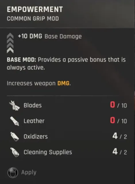 Empowerment Grip Mod blueprint crafting recipe in Dying Light The Beast