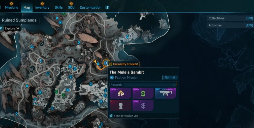 The Mole's Gambit side mission location on map in Borderlands 4