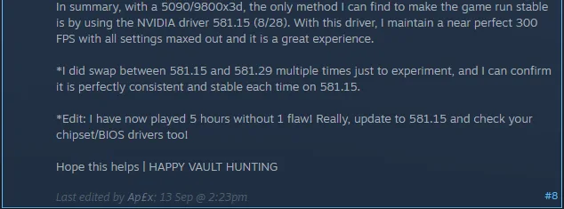 Confirmed fix for Borderlands 4 gameplay crash on PC.