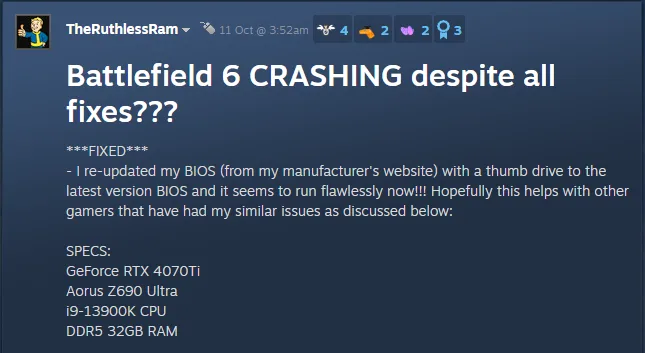 Confirmed fix for Battlefield 6 crash on Windows PC.