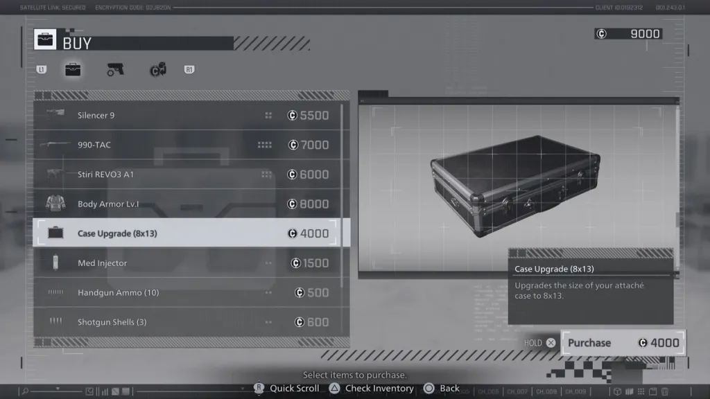 Purchase to Case Upgrade to increase inventory space for Leon in Resident Evil 9 Requiem.