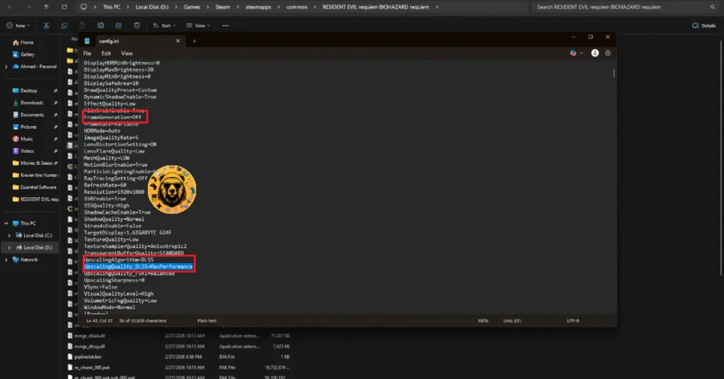 Resident Evil 9 Requiem DLSS and Frame Generation config file tweaks to fix Fatal D3D ACCESSDENIED 0x80070005 error.