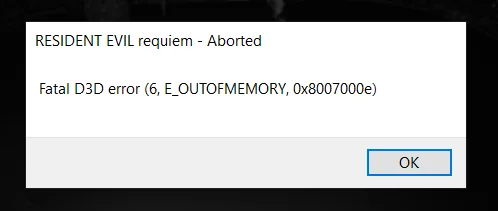 Resident Evil 9 Fatal D3D Error message on PC.