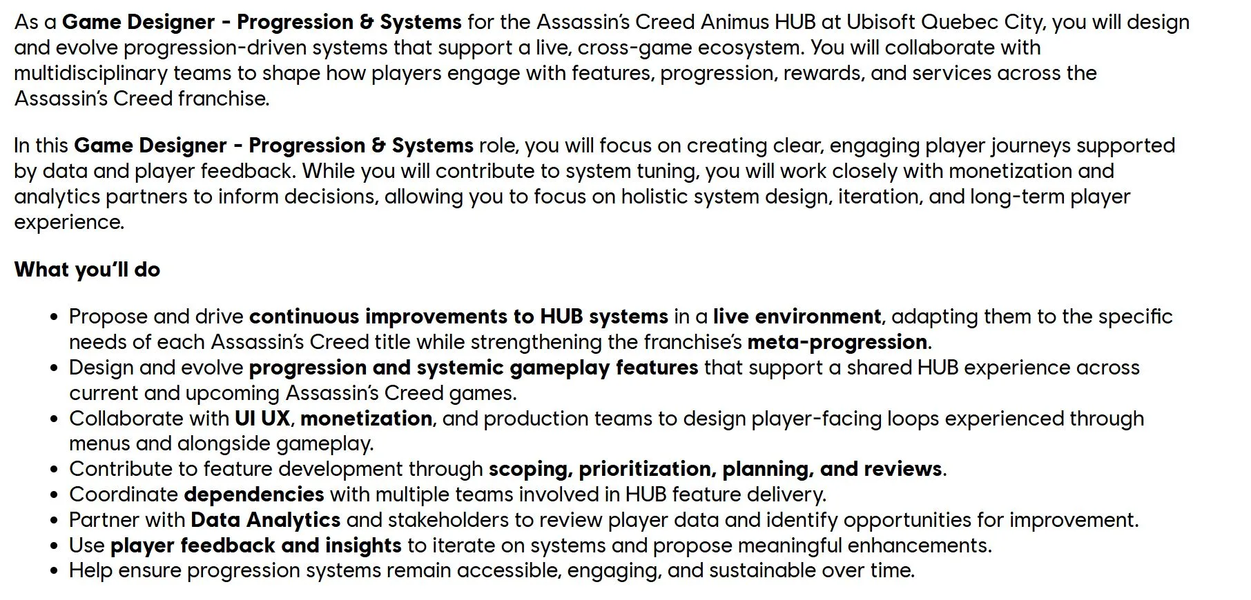 Ubisoft Game Designer Progressions and Systems Assassin's Creed